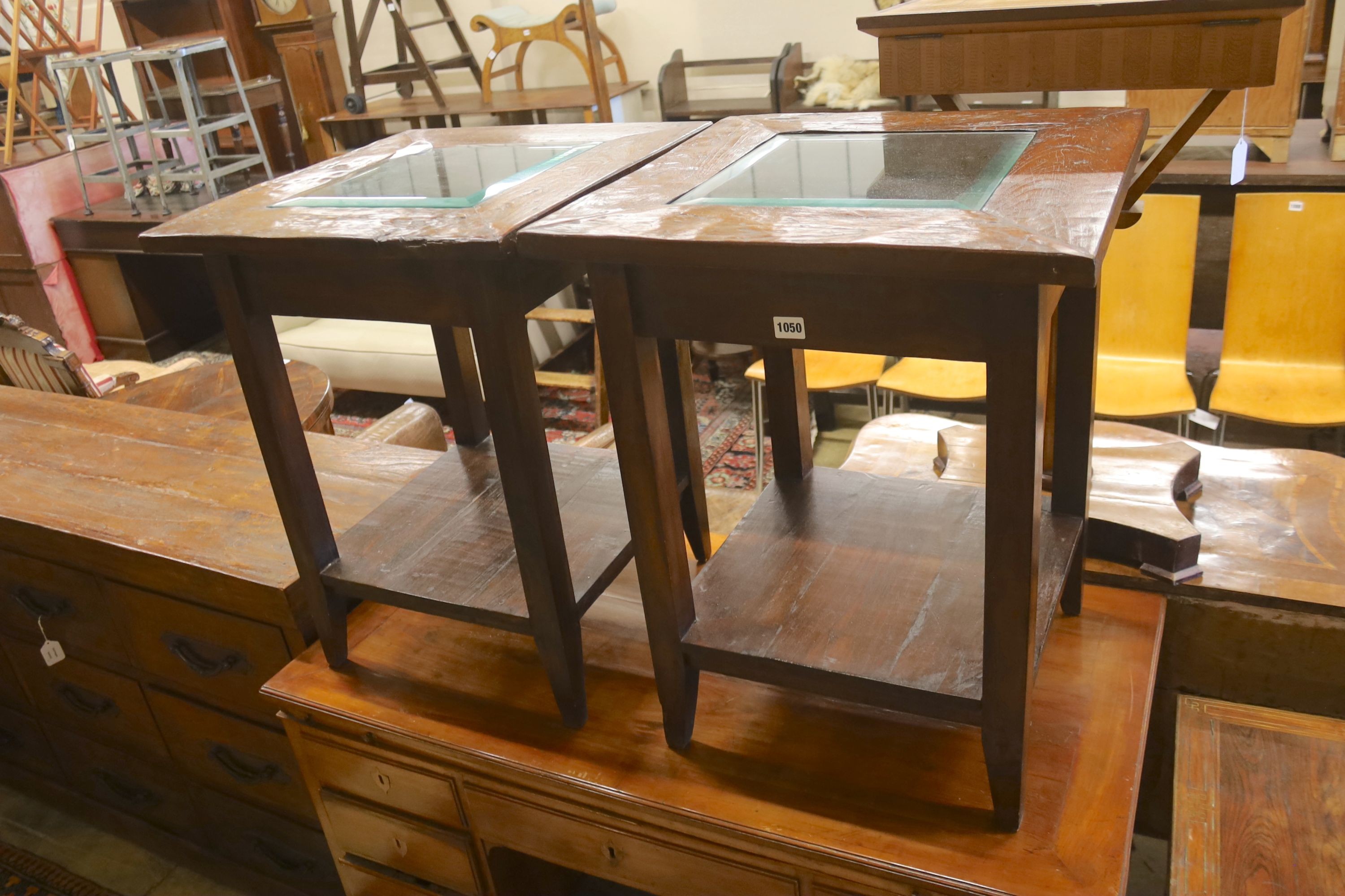 A pair of square glazed hardwood occasional tables, width 55cm, height 70cm